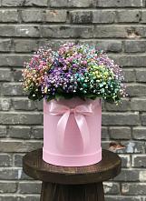 Цветочная композиция из Гипсофила и Розы в шляпной коробке в Щучьем Воронежской области